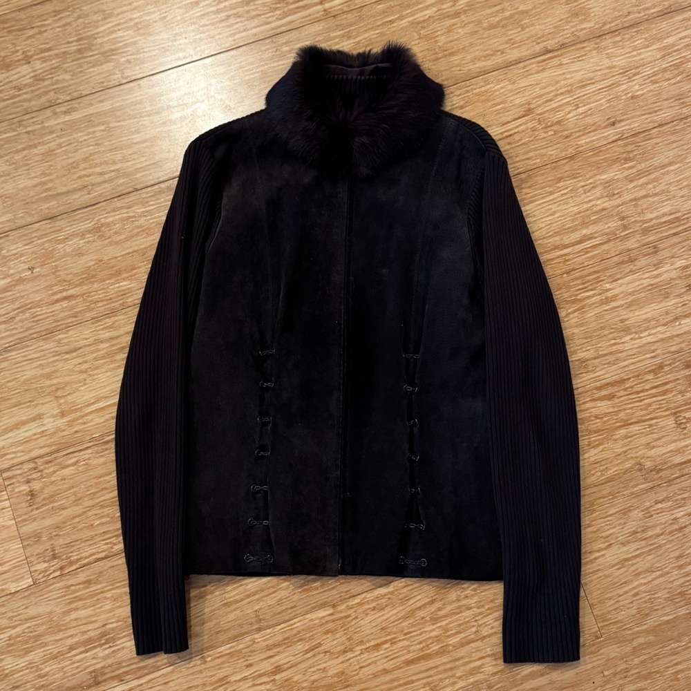 Vintage Escapade chocolate brown suede fur collar zip up jacket